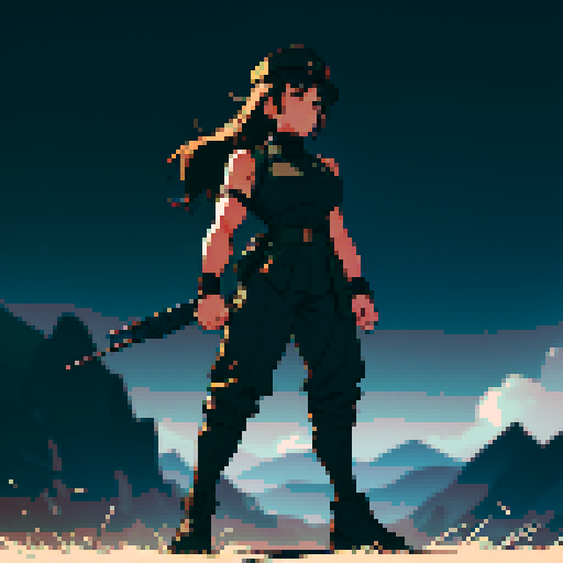 full-body image, muscle girl, female, thick biceps, big shoulders, big fists, muscular physique, thick waist, facing left, ready to fight, exaggerated proportions, black military uniform, black hat, military backdrop, sRGB, pixel art, army behind her, military behind her, army in background, army, soldiers, evil, dark, evil soldiers, black uniforms, destroyed town, battlefield