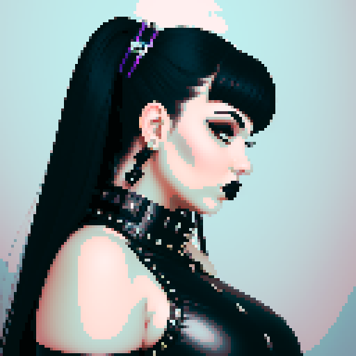 Side view of curvy, busty goth babe with studded collar. Full face portrait, 
 glamour shot. tile backsplash. Edgy aesthetic 