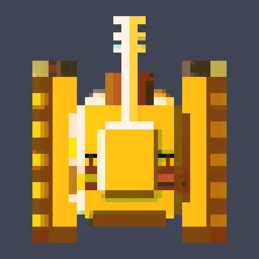 small tank, top-view, game sprite, 32x32 pixel art, sRGB, 2d game art, close up, yellow main color, single turret, intimidating cannons, tracks, tranparent background, game sprite, symmetry