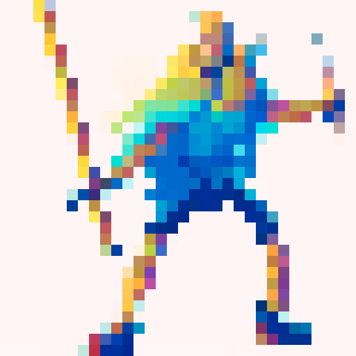 Fantasy warrior with a gleaming longsword, standing on a grassy hilltop with a vibrant sunset sky behind them, as if waiting for a battle to begin. all in pixel art style with vivid sRGB colors