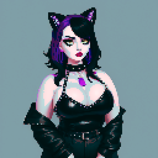curvy, cute busty greaser goth girl's face, goth cat girl, whole head portrait, black hair, purple eyeshadow, red lipstick, low cut black studded leather halter top, studded collar, game avatar portrait, vibrant sRGB colors