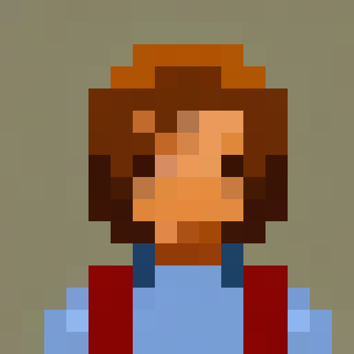 Bob Ross, the afro-haired painter, stands by his easel, surrounded by a serene forest backdrop, painting a 16x16 pixel portrait with delicate brushstrokes and vibrant colors.