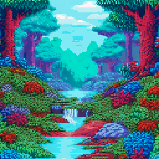 fantastical creature, vibrant colors, towering trees, radiant sunlight, whimsical flowers, babbling brook, moss-covered stones, magical mist, enchanting fireflies, cascading waterfall, mystical ruins, ancient totem, hidden treasure, sparkling dewdrops, ethereal glow, playful woodland creatures, swirling vines, floating islands, shimmering rainbow