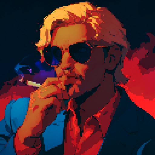 man smoking, retro 8-bit pixel art, vibrant colors, thick black outlines, detailed facial expression, swirling smoke, wisps of gray, glowing cigarette tip, puffs of smoke forming shapes, stylized background, neon lights