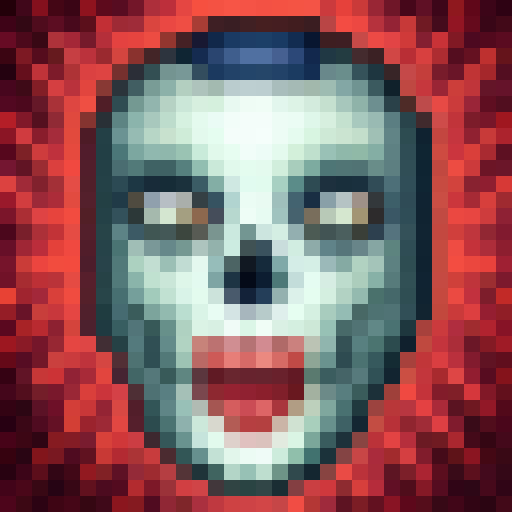 "Create a hauntingly detailed 24x24 game icon of a skull, featuring piercing red eyes and executed in skillful 32x32 pixel art style, to be rendered in sRGB color space and presented in an intimate close-up portrait."