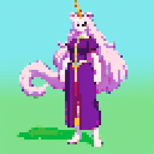 unicorn woman hybrid with cloven hooves, a lion tail, furry, clear detail, full body character reference, old pixel art video game style