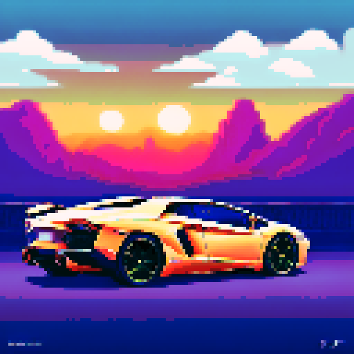 Photorealistic, centered Lamborghini Aventador in a three quarter view, right wheel in front, clean background, pixel art style with sRGB colors