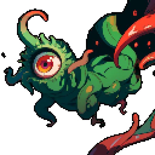 eldritch being, tentacles writhing, full body floating, brain pulsating, many eyes staring, eyeballs bulging, sRGB pixel art