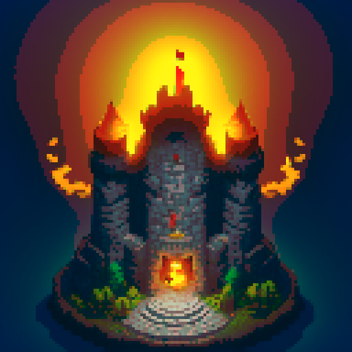 Dragon breathing fire on an ancient castle as soldiers flee in terror, all depicted in a pixel art style with vibrant sRGB colors.