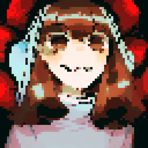 Brown and red-haired girl with a beaming smile framed by billowing blue curtains, captured in a character portrait with close-up details and an anime style, rendered in pixel art