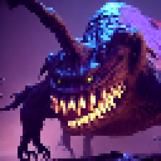  a massive, grotesque creature covered in oozing, pulsating tumors that exude toxic fumes. Its body resembles a nightmarish fusion of multiple animals, with mismatched limbs, twisted horns, and a misshapen head with glowing purple eyes. Its thick hide is almost impervious to physical attacks, and its movements are erratic and unpredictable. Its multiple legs end in razor-sharp claws that can rend through solid rock, and its massive, bulbous abdomen houses a gaping maw lined with rows of serrated