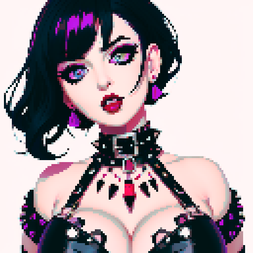 curvy, cute busty goth woman's face, whole head portrait, black hair, purple eyeshadow, red lipstick, low cut black studded leather halter top, studded collar, vibrant sRGB colors, edgy aesthetic. 