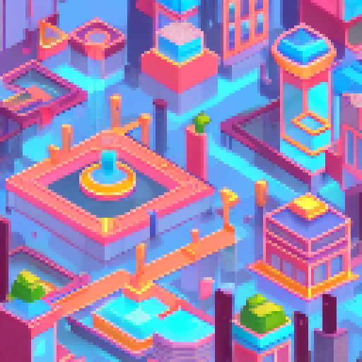 Neon-lit skyscrapers tower over bustling streets filled with chrome-colored cars and graffiti-covered walls in this top-down, GTA2-style cityscape inspired by the vibrant energy of Los Angeles.