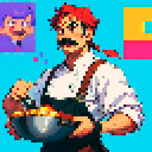 cooking chef with moustache, frying pan in hand, pixel art, vibrant sRGB colors
