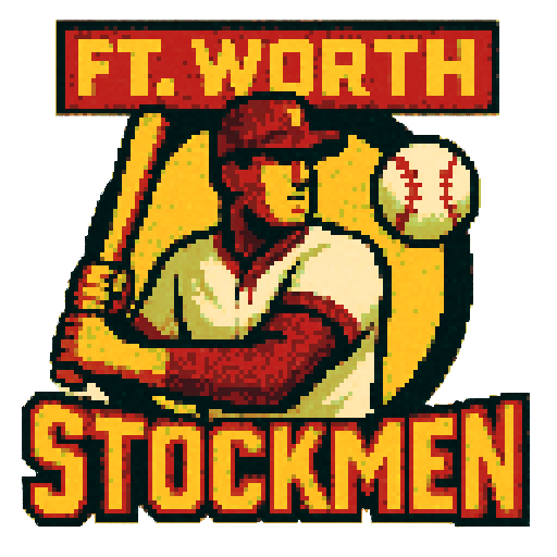 Pixel art of a fictional baseball team called the Ft. Worth Stockmen. red, dark yellow, off white, sharp outlines, and soft pixel shading. The logo design mimics 80s MLB logos. Use a vibrant Sega Genesis 16-bit style with selective dithering, geometric forms, and nostalgic retro charm. Avoid modern gradients—keep it pure pixel art.