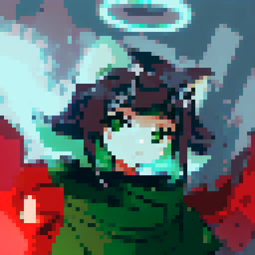 Hooded catgirl with bright green eyes staring intensely at the viewer, captured in a close-up character portrait with an anime style and rendered in pixel art.
