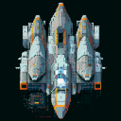 2d Spaceship in empty space, metallic exterior, retro aesthetic, pixelated details,blinking lights, wireframe outlines, geometric shapes, low-resolution textures, pixel art style, sRGB color space View from above.  For a spaceship designed for stealth or reconnaissance missions, use dark grays, deep blues, and black, with minimal highlights in red or orange for the thrusters and running lights. This palette suggests a more militaristic or secretive function.