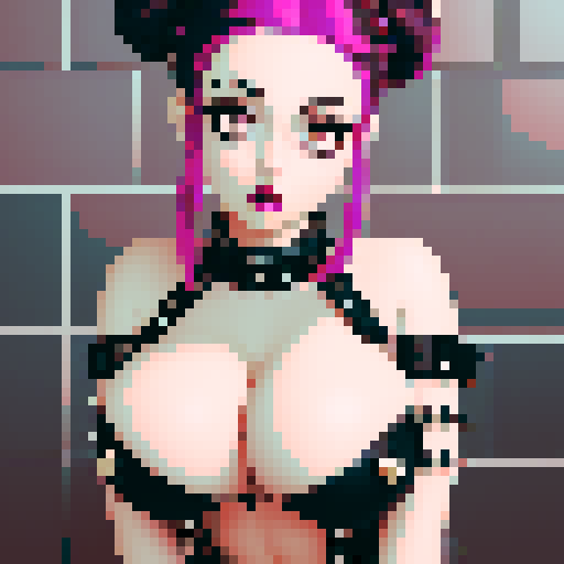 curvy, busty goth babe with studded collar. Hair in buns. Aroused Nude big titty goth, in a close up nude glamour shot. Wearing Halter top.  modern tile backsplash.