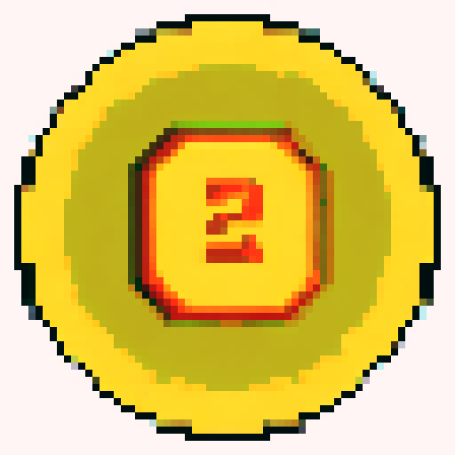 Pixelated gold retro game coin, sparkling and shimmering, surrounded by vibrant 8-bit flowers and trees, set against a nostalgic sRGB pixel art background depicting a serene and captivating landscape