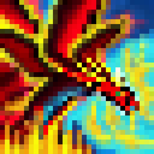 A fiery, winged dragon clashes with a stormy, lightning-filled sky over a mountainous landscape in pixel art reminiscent of classic video games.