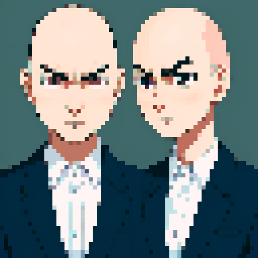 minister of foreign, serious expression, bald,  close-up, confident stance, anime style, pixel art, suit, front view, serious expression, 60-years-old
