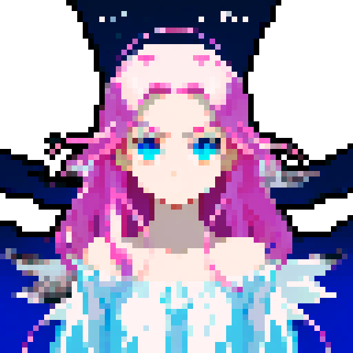 
Beautiful, ethereal angel with shimmering wings and flowing, liquid-like chrome body, rendered in minimalist pixel art with vibrant, dazzling sRGB colors. Large anime eyes. Visible nose