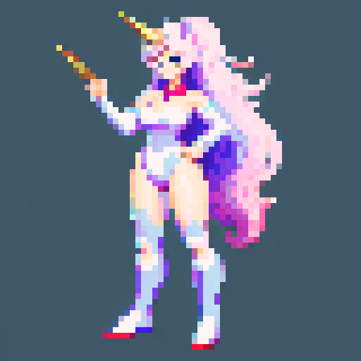 unicorn woman hybrid with cloven hooves, furry, playful expression, clear detail, pixel art style, full body character reference, old pixel video game style 