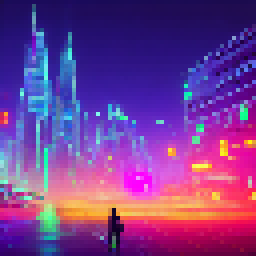 Generate a pixel art image of a futuristic cityscape, featuring towering skyscrapers with neon lights and flying vehicles zooming through the air. In the foreground, a mysterious figure wearing a hooded cloak stands atop a rooftop, overlooking the bustling metropolis below.
