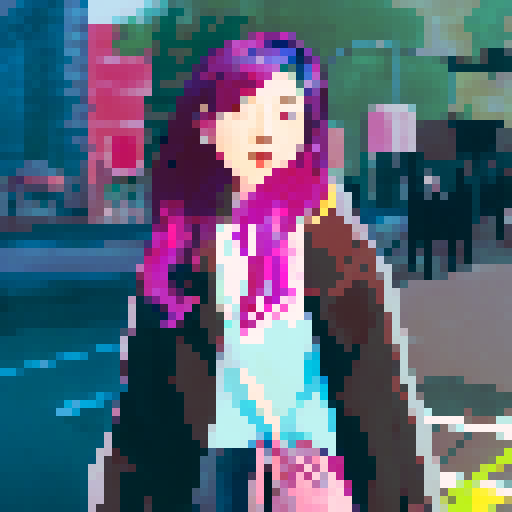 Korean woman, pink hair, urban graffiti, vibrant colors, street style fashion, dramatic lighting, city skyline in background, modern and edgy vibes