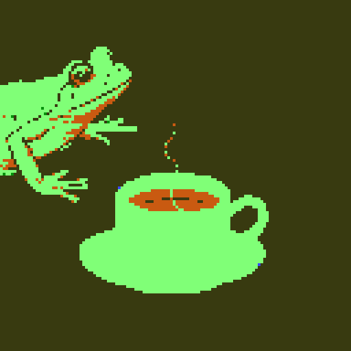 In the cozy ambiance of a dimly lit room, a small, jovial frog perches comfortably upon a plush couch chair, its diminutive size emphasized by the vastness of the furniture. The flickering flames of a nearby fireplace cast a warm glow, enveloping the space in a soft, golden light, creating an atmosphere of comfort and relaxation. With a mug clasped delicately between its tiny webbed fingers, the contented frog takes a sip of steaming coffee, its expression reflecting pure bliss.