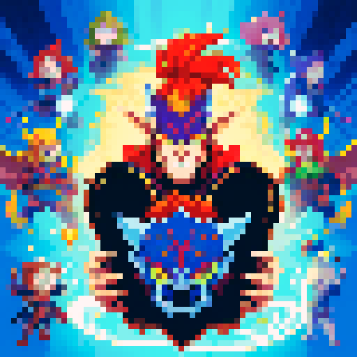 Eight characters with unique features, portrayed as vibrant game icons in pixel art style, showcasing their distinctive traits and personalities: fiery-haired warrior, mysterious cloaked wizard, agile acrobat with a mask, mechanical cyborg with glowing eyes, ethereal elf with flowing hair, fierce fanged beast, armored knight with a shield, and a mischievous jester with a jingling hat