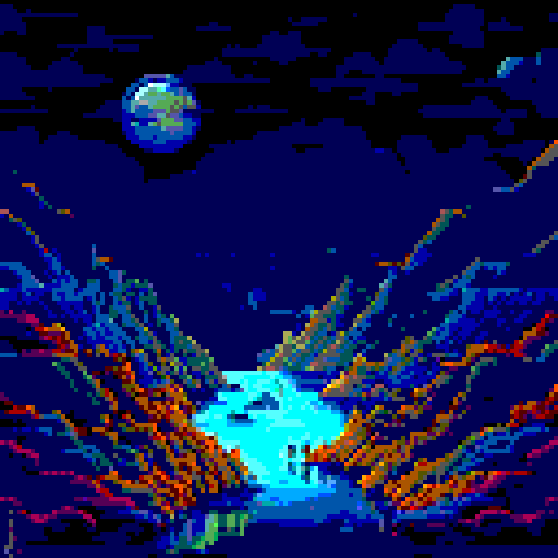 expansive night sky, large glowing moon, numerous stars, viewed from below, pixel art, sRGB, background, landscape, oil paint style