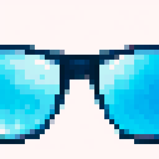 Neon pink and blue sunglasses with pixelated frames and a retro design, reflecting the city skyline at night, neutral perspective, medium shot