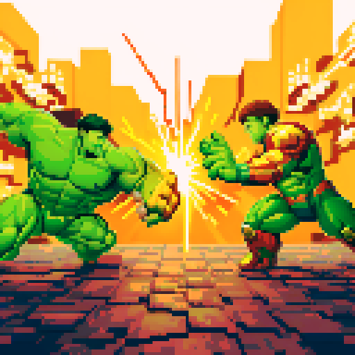 Iron man, hulk, intense battle, dynamic poses, vibrant colors, pixelated details, sRGB palette, action-packed, explosive effects