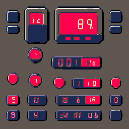 bomb control panel, countdown timer with bold red numbers, two large buttons on either side, pixel art style with vibrant colors and sharp edges, sRGB color space
