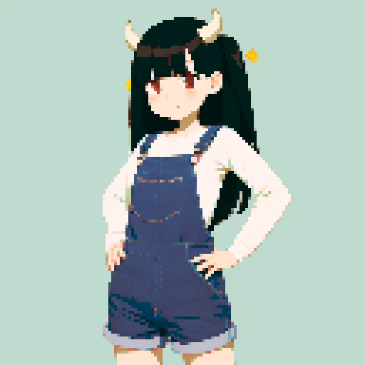 neutral anime cow girl, black long straight hair, front bangs, cream cow horns, brown cow ears with pink inside, large brown eyes, soft sparkle in eyes, neutral expression, calm face, small closed mouth, relaxed eyebrows, cow-themed outfit, cow print overalls (dark denim with black splotches), cream low-cut tank top underneath, slight visible cleavage, arms straight down at sides, soft posture, centered composition, standing idle, no movement, soft shading, clean outline, no background