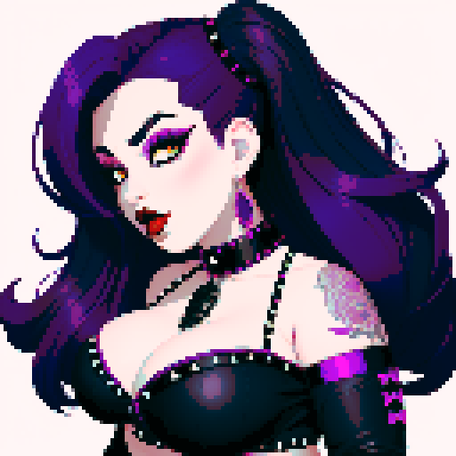 Plus size, busty goth girl face, purple hair, black eyeshadow, red lipstick, bikini, studded collar, sexy seductive glamour shot. vibrant srgb colors, pixel art, edgy aesthetic