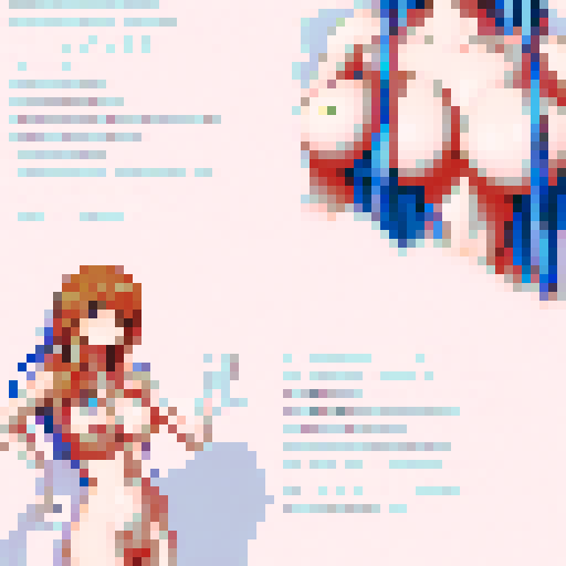 Loli's big breasts are accentuated by a lewd bikini as she stands emotionless in a pixel art landscape with a vibrant sRGB color scheme