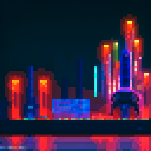 Futuristic colosseum, towering skyscrapers, neon lights, vibrant colors, people wearing futuristic outfits, pixel art
