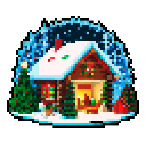 christmas malamute, snowy landscape, cozy log cabin, twinkling fairy lights, pixelated snowflakes, vibrant red and green ornaments, sRGB color palette