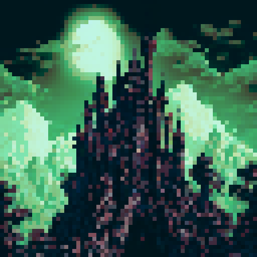 Dark, brooding landscape, Dracula's vampire castle, towering gothic spires, foreboding shadows, moonlit courtyard, gargoyles perched atop, swirling mist, ancient ivy-covered walls, blood-red sky, pixelated art, sRGB