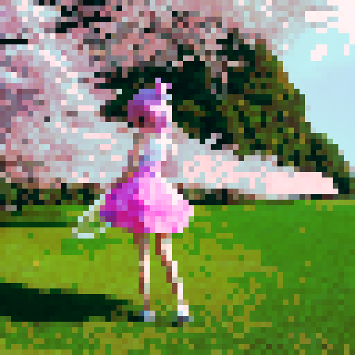 Pink-haired, doe-eyed girl twirling a parasol in a garden of cherry blossom trees, wearing a frilly Lolita dress with lace and bows