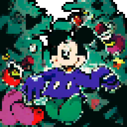 mickey mouse, purple hoodie sweatshirt, green pants, green gloves, character portrait, close up, anime style, smoking joint, pixel art