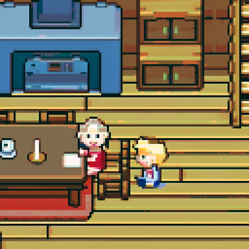 Cabin interior, table, kitchen, mother and son