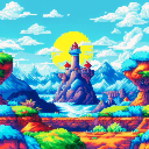 Pokemon, Chrono Trigger, vibrant colors, detailed sprite, towering mountains, flowing rivers, ocean, lighthouse, retro charm, pixelated characters, whimsical creatures, magical abilities, epic adventures, nostalgic journey, sRGB, pixel art, background, landscape