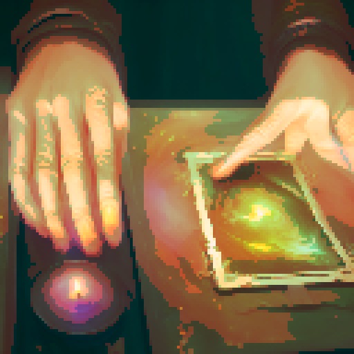 A close-up of a woman's hands over a table during a tarot card reading in a medieval dark style. The table is adorned with elements of the ocean such as sea shells, sand, and small pieces of coral. The atmosphere is mystical and dimly lit, with candlelight casting shadows that enhance the eerie and magical mood. The woman's hands are gracefully poised over the cards, which also have oceanic designs like waves and mermaids.