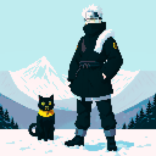 Hatake Kakashi with a black cat with yellow eyes on his shoulders in between towering, snowy mountains
