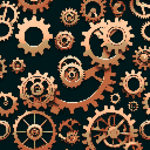 I want a copper gear that looks like it was made by a master clockmaker. It should have strange mechanical details that could interlock with each other. I also want this object usable an asset in a videogame, meaning only one object per image, outlined with a strong black stroke, on a solid-color background.