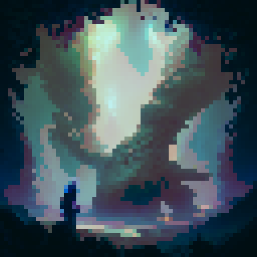 Medusa, with serpents for hair, slithering through a mossy dungeon with glowing, magical crystals illuminating her path, searching for her next victim