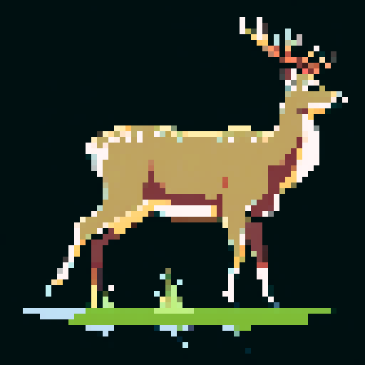 Full body image of deer drinking from a pond